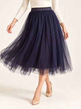 Navy Tulle Midi Skirt